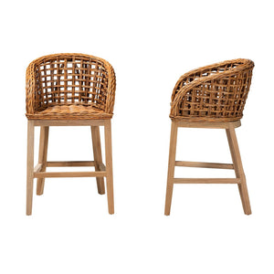 Baxton Studio bali Mario 2-Piece Modern Bohemian Counter Stool Set in Natural Teak & Rattan – Fully Assembled Comfort Mario-Rattan-BS