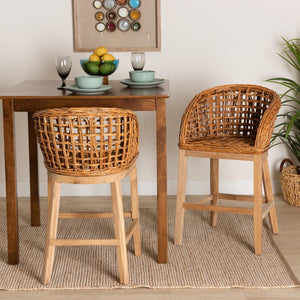 Baxton Studio bali Mario 2-Piece Modern Bohemian Counter Stool Set in Natural Teak & Rattan – Fully Assembled Comfort Mario-Rattan-BS