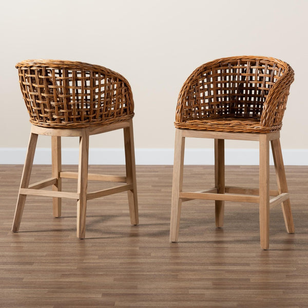 Baxton Studio bali Mario 2-Piece Modern Bohemian Counter Stool Set in Natural Teak & Rattan – Fully Assembled Comfort Mario-Rattan-BS