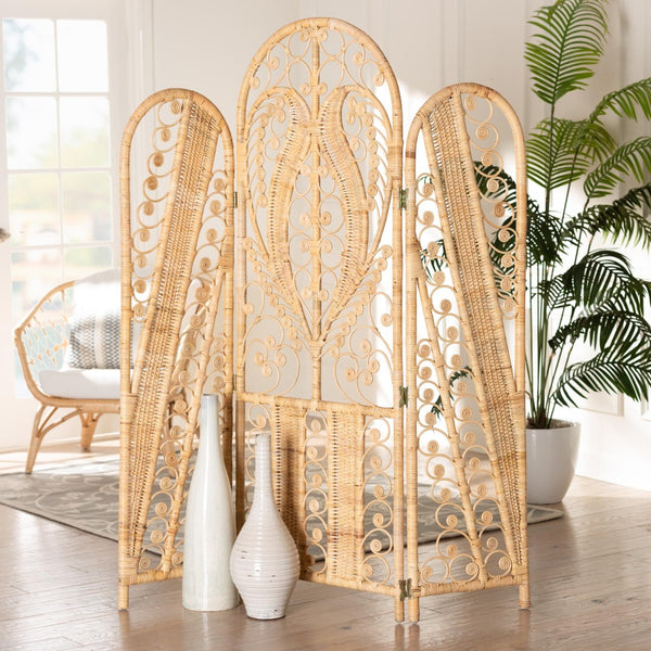 Baxton Studio bali Nadra Modern Bohemian Rattan Room Divider - Stylish Tri-Fold Screen for Airy Space Definition DIV006-Rattan-Natural-RD
