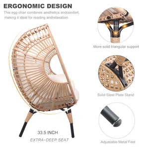 English Elm New PE Wicker Egg Chair with Ergonomic High-Front Low-Back Design, Weather-Resistant Rattan & Plush Cushion Comfort Natural W400P241059