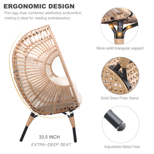 English Elm New PE Wicker Egg Chair with Ergonomic High-Front Low-Back Design, Weather-Resistant Rattan & Plush Cushion Comfort Natural W400P241059