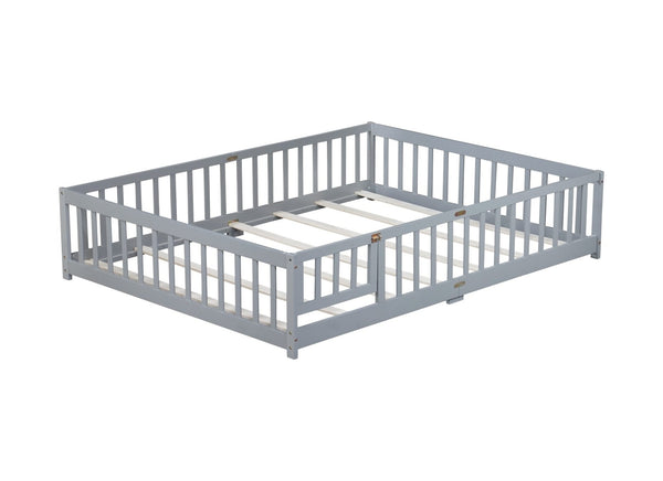 English Elm Queen Rubber Wood Floor Bed with Full Perimeter Safety Fence and Hinged Access Door Grey W504P429339