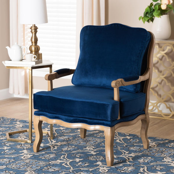 Baxton Studio Baxton Studio Jules Navy Blue Accent Chair - Elegant French Design with Plush Comfort & Wood Frame BBT5470-Navy Blue/French Oak-Chair
