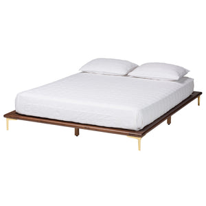 Baxton Studio Channary Mid-Century Modern Transitional Walnut Brown Finished Wood and Gold Metal King Size Bed Frame