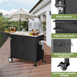 English Elm Outdoor Stainless Steel Grill Cart with Sink Foldable Top and Lockable Wheels W3190P426842