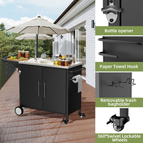English Elm Outdoor Stainless Steel Grill Cart with Sink Foldable Top and Lockable Wheels W3190P426842