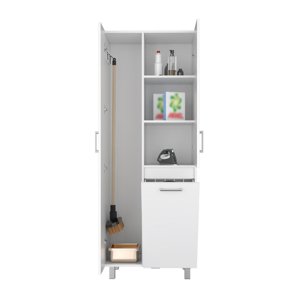 English Elm Iris 71" Tall Two-Door Broom Closet With Built-In Hamper, Adjustable Shelves, Slim White Storage B070S00402