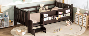 English Elm Twin Pine Floor Bed for Kids with Side Bookcases Built-in Stairs and Safety Guardrails Espresso W1580P390217