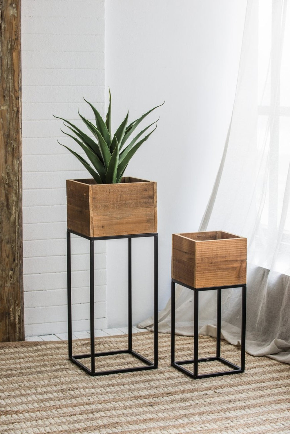 English Elm Set of 2 Reclaimed Wood Box Plant Stands with Iron Legs for Farmhouse Decor W2078P496651