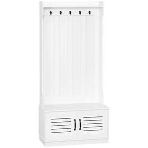 English Elm HOMCOM Modern Entryway Hall Tree with Shoe Bench, 5 Hooks, Slatted Cabinet & Shelf — White W2225P229395