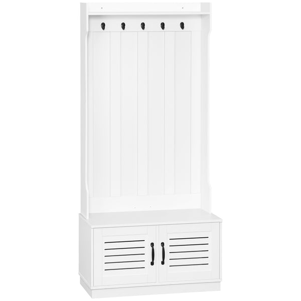English Elm HOMCOM Modern Entryway Hall Tree with Shoe Bench, 5 Hooks, Slatted Cabinet & Shelf — White W2225P229395