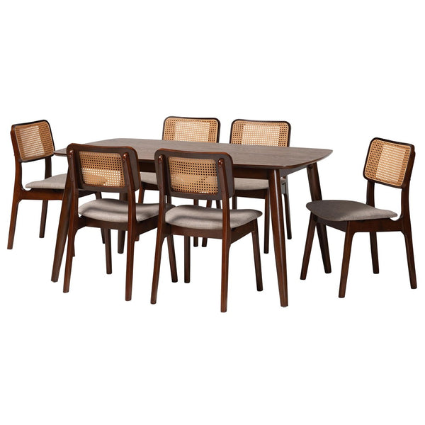 Baxton Studio Baxton Dannon 7-Piece Mid-Century Dining Set in Grey Fabric & Walnut Finish for Stylish Gatherings CS001C-Walnut/Light Grey-7PC Dining Set