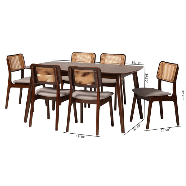 Baxton Studio Baxton Dannon 7-Piece Mid-Century Dining Set in Grey Fabric & Walnut Finish for Stylish Gatherings CS001C-Walnut/Light Grey-7PC Dining Set