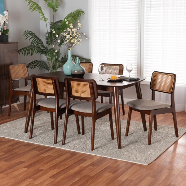 Baxton Studio Baxton Dannon 7-Piece Mid-Century Dining Set in Grey Fabric & Walnut Finish for Stylish Gatherings CS001C-Walnut/Light Grey-7PC Dining Set