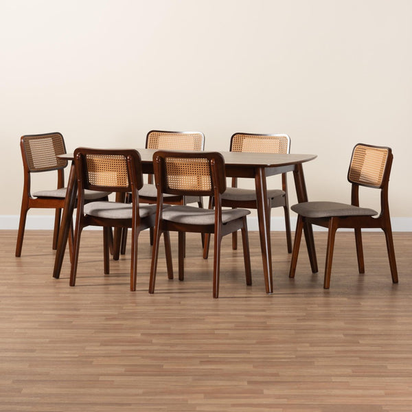 Baxton Studio Baxton Dannon 7-Piece Mid-Century Dining Set in Grey Fabric & Walnut Finish for Stylish Gatherings CS001C-Walnut/Light Grey-7PC Dining Set
