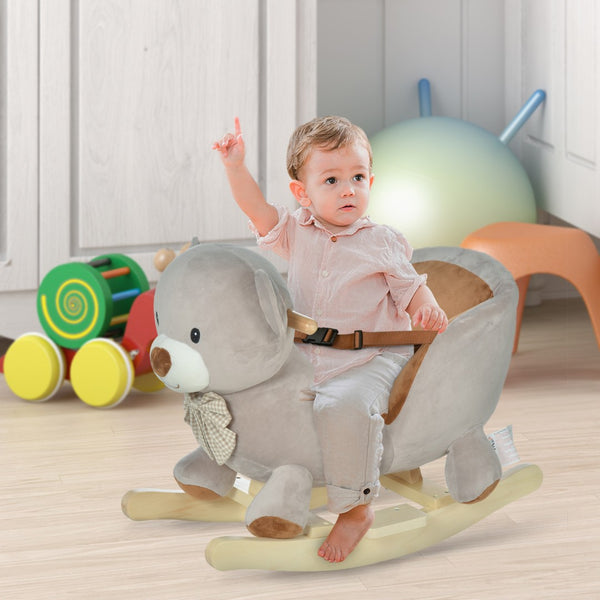 English Elm Qaba Plush Bear Toddler Rocker with Wooden Base Sound Feature and Safety Belt W2225P229171