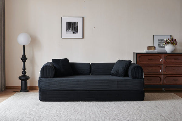 English Elm 78.8" Corduroy Modular Floor Sofa Convertible Sleeper Futon with Pillow Back Support Black W5617P456006
