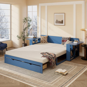 English Elm Queen Daybed with Hydraulic Desk Storage Drawers and Convertible Sofa for Small Spaces Blue LT000272AAC