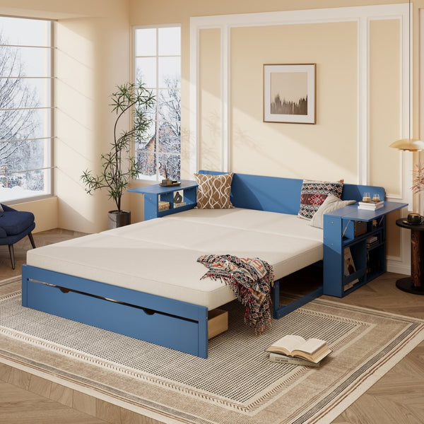 English Elm Queen Daybed with Hydraulic Desk Storage Drawers and Convertible Sofa for Small Spaces Blue LT000272AAC