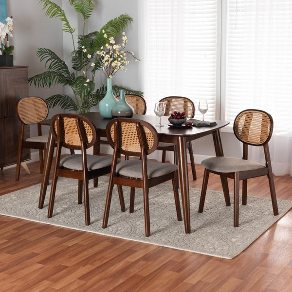 Baxton Studio Baxton Darrion 7-Piece Mid-Century Dining Set with Grey Fabric Chairs & Walnut Brown Table Finish CS004C-Walnut/Light Grey-7PC Dining Set