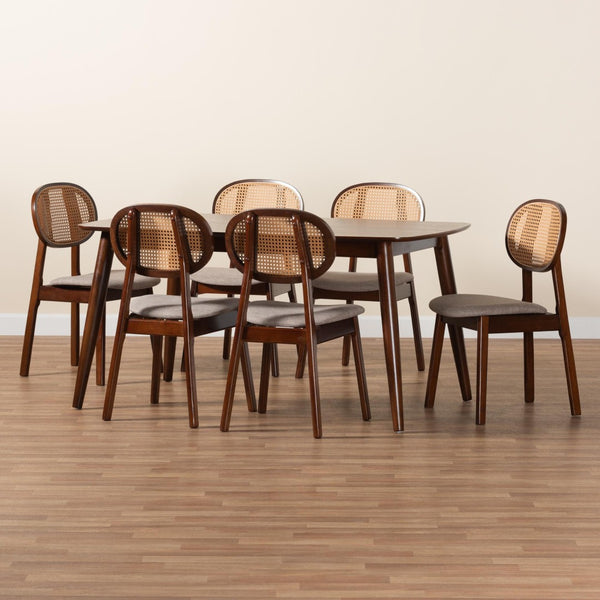 Baxton Studio Baxton Darrion 7-Piece Mid-Century Dining Set with Grey Fabric Chairs & Walnut Brown Table Finish CS004C-Walnut/Light Grey-7PC Dining Set