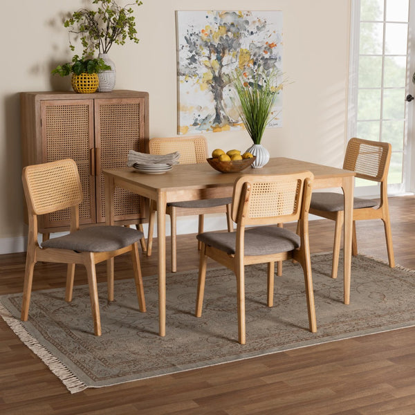 Baxton Studio Baxton Studio Mid-Century Modern Grey Upholstered Dining Set with Natural Oak Table & Chairs Dannon 5-Piece CS001C-Natural Oak/Light Grey-5PC Dining Set