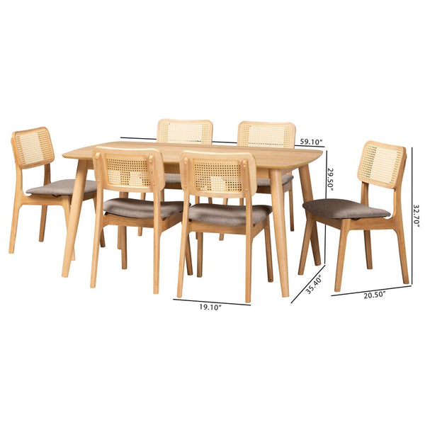 Baxton Studio Baxton Studio Mid-Century Modern Grey Upholstered Dining Set with Natural Oak Table & Chairs Dannon 7-Piece CS001C-Natural Oak/Light Grey-7PC Dining Set