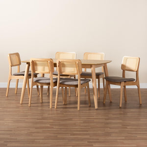 Baxton Studio Baxton Studio Mid-Century Modern Grey Upholstered Dining Set with Natural Oak Table & Chairs Dannon 7-Piece CS001C-Natural Oak/Light Grey-7PC Dining Set