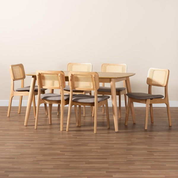 Baxton Studio Baxton Studio Mid-Century Modern Grey Upholstered Dining Set with Natural Oak Table & Chairs Dannon 7-Piece CS001C-Natural Oak/Light Grey-7PC Dining Set