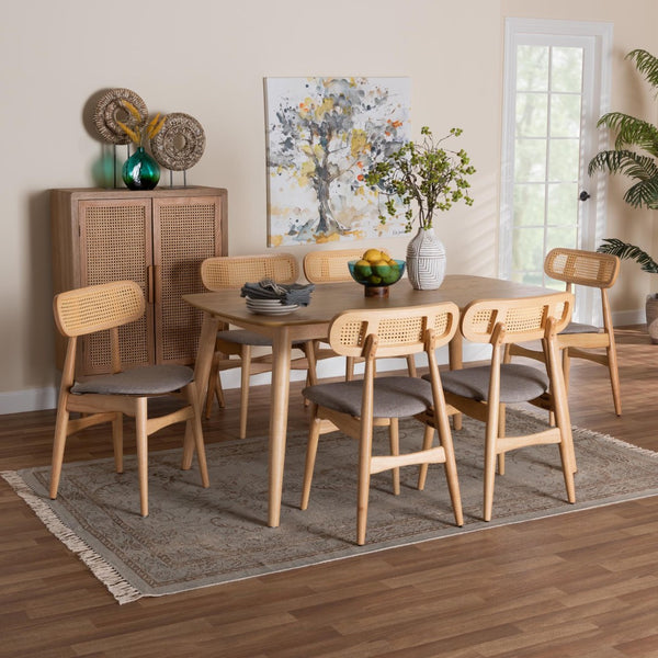 Baxton Studio Baxton Studio Tarana 7-Piece Mid-Century Dining Set in Grey Fabric & Natural Oak – Chic Comfort! CS002C-Natural Oak/Light Grey-7PC Dining Set