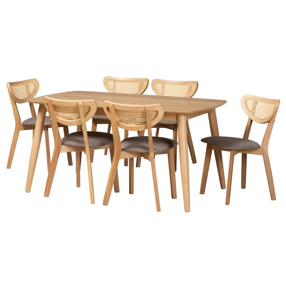 Baxton Studio Baxton Dannell 7-Piece Mid-Century Modern Dining Set with Grey Fabric & Natural Oak Finish CS003C-Natural Oak/Light Grey-7PC Dining Set