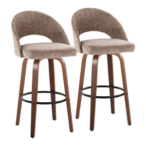 English Elm Fixed-height Mid-century Barstools with Walnut Legs and Grey Upholstered Seats Set B202S01931