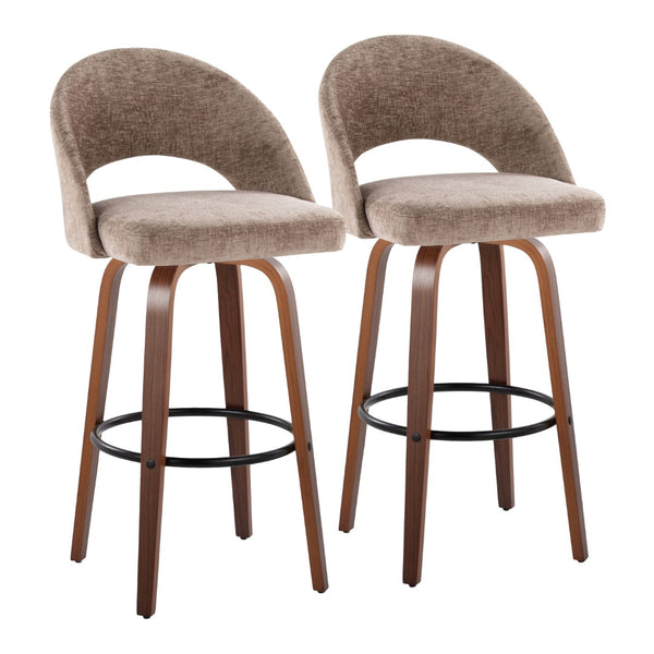 English Elm Fixed-height Mid-century Barstools with Walnut Legs and Grey Upholstered Seats Set B202S01931