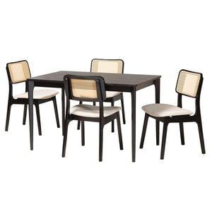 Baxton Studio Baxton Mid-Century Modern Cream Fabric Dining Set with Black Finished Wood and Rattan Accents Dannon CS001C-Black/Cream-5PC Dining Set