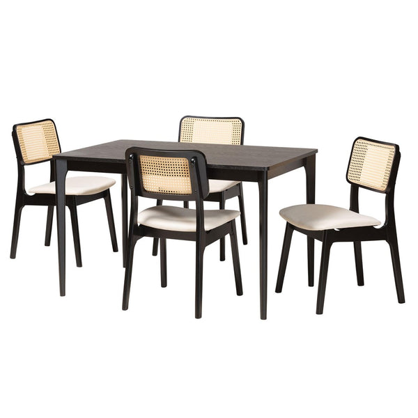 Baxton Studio Baxton Mid-Century Modern Cream Fabric Dining Set with Black Finished Wood and Rattan Accents Dannon CS001C-Black/Cream-5PC Dining Set