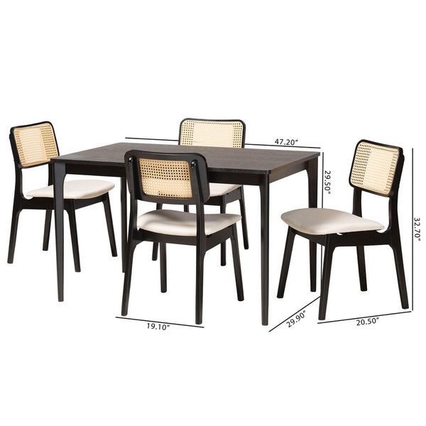 Baxton Studio Baxton Mid-Century Modern Cream Fabric Dining Set with Black Finished Wood and Rattan Accents Dannon CS001C-Black/Cream-5PC Dining Set