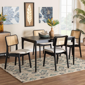 Baxton Studio Baxton Mid-Century Modern Cream Fabric Dining Set with Black Finished Wood and Rattan Accents Dannon CS001C-Black/Cream-5PC Dining Set
