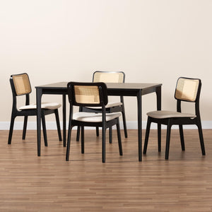 Baxton Studio Baxton Mid-Century Modern Cream Fabric Dining Set with Black Finished Wood and Rattan Accents Dannon CS001C-Black/Cream-5PC Dining Set