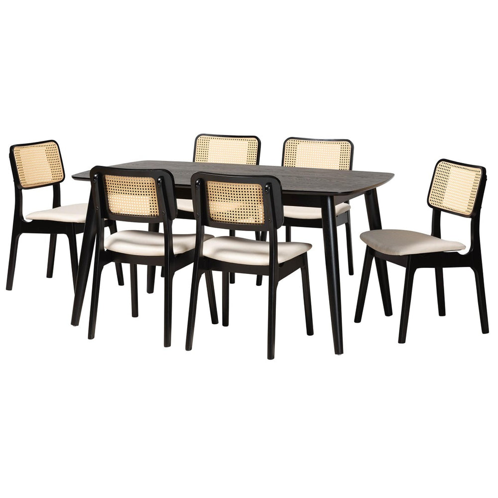 Baxton Studio Baxton Mid-Century Modern Cream Fabric Dining Set with Black Finished Wood and Rattan Accents Dannon 7-Piece CS001C-Black/Cream-7PC Dining Set