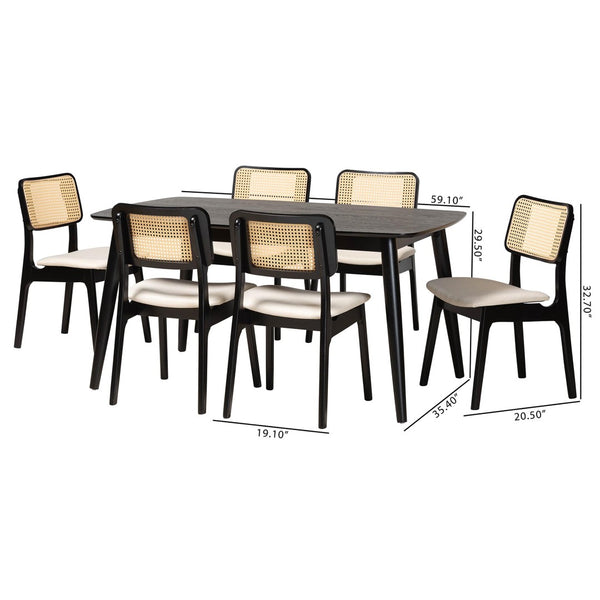 Baxton Studio Baxton Mid-Century Modern Cream Fabric Dining Set with Black Finished Wood and Rattan Accents Dannon 7-Piece CS001C-Black/Cream-7PC Dining Set