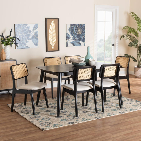 Baxton Studio Baxton Mid-Century Modern Cream Fabric Dining Set with Black Finished Wood and Rattan Accents Dannon 7-Piece CS001C-Black/Cream-7PC Dining Set