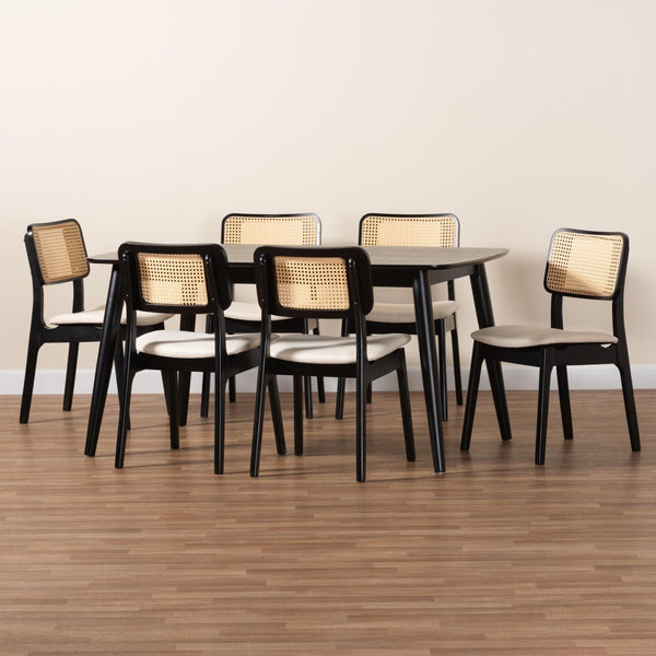 Baxton Studio Baxton Mid-Century Modern Cream Fabric Dining Set with Black Finished Wood and Rattan Accents Dannon 7-Piece CS001C-Black/Cream-7PC Dining Set