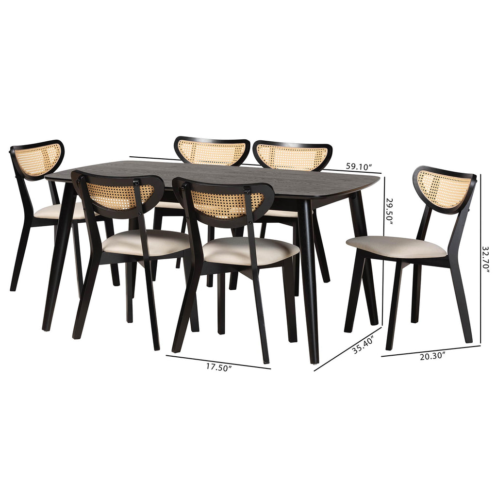 Baxton Studio Dannell Mid-Century Modern Cream Fabric and Black Finished Wood 7-Piece Dining Set