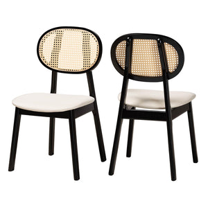 Baxton Studio Baxton Darrion Mid-Century Modern Cream Fabric Dining Chair Set with Black Wood Legs & Rattan Accents CS004C-Black/Cream-DC-2PK