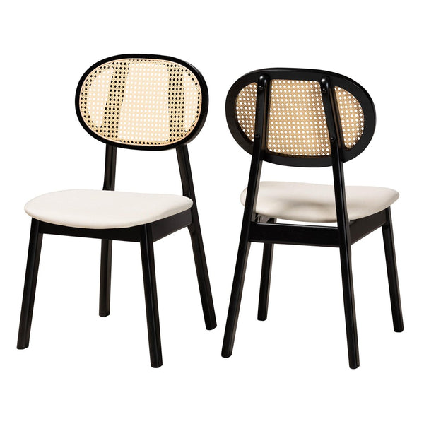 Baxton Studio Baxton Darrion Mid-Century Modern Cream Fabric Dining Chair Set with Black Wood Legs & Rattan Accents CS004C-Black/Cream-DC-2PK