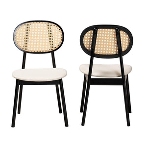 Baxton Studio Baxton Darrion Mid-Century Modern Cream Fabric Dining Chair Set with Black Wood Legs & Rattan Accents CS004C-Black/Cream-DC-2PK