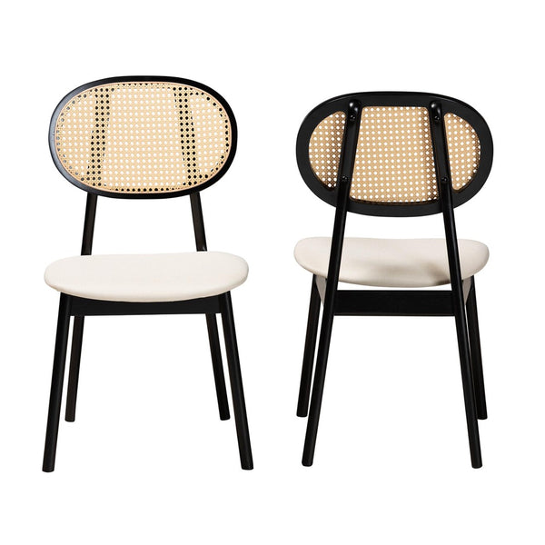 Baxton Studio Baxton Darrion Mid-Century Modern Cream Fabric Dining Chair Set with Black Wood Legs & Rattan Accents CS004C-Black/Cream-DC-2PK
