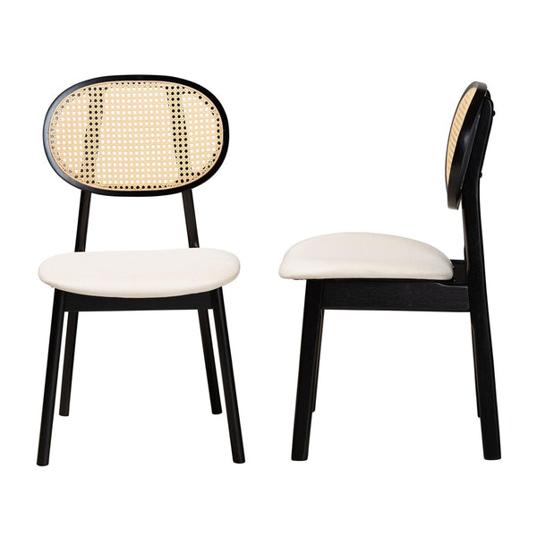 Baxton Studio Baxton Darrion Mid-Century Modern Cream Fabric Dining Chair Set with Black Wood Legs & Rattan Accents CS004C-Black/Cream-DC-2PK