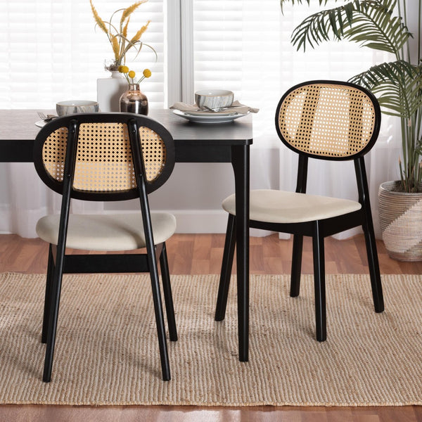 Baxton Studio Baxton Darrion Mid-Century Modern Cream Fabric Dining Chair Set with Black Wood Legs & Rattan Accents CS004C-Black/Cream-DC-2PK